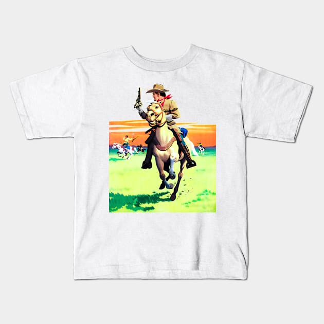 Running on Horseback through The  Desert Buffalo Bill Western Robbery Cowboy Retro Comic Kids T-Shirt by REVISTANGO